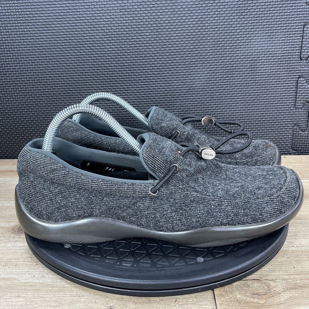 Prada Shoes Mens 8.5 Gray Wool Loafers Slip On Casual Drawstring Vibram